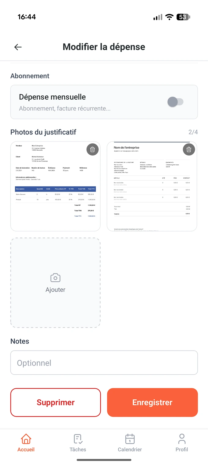 Écran de modification d’une dépense avec les photos des justificatifs et un champ de notes.